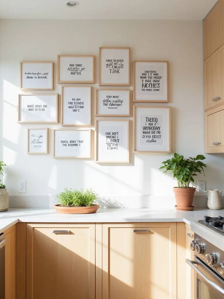 Modern kitchen with a gallery wall of framed prints featuring funny kitchen quotes and sayings.