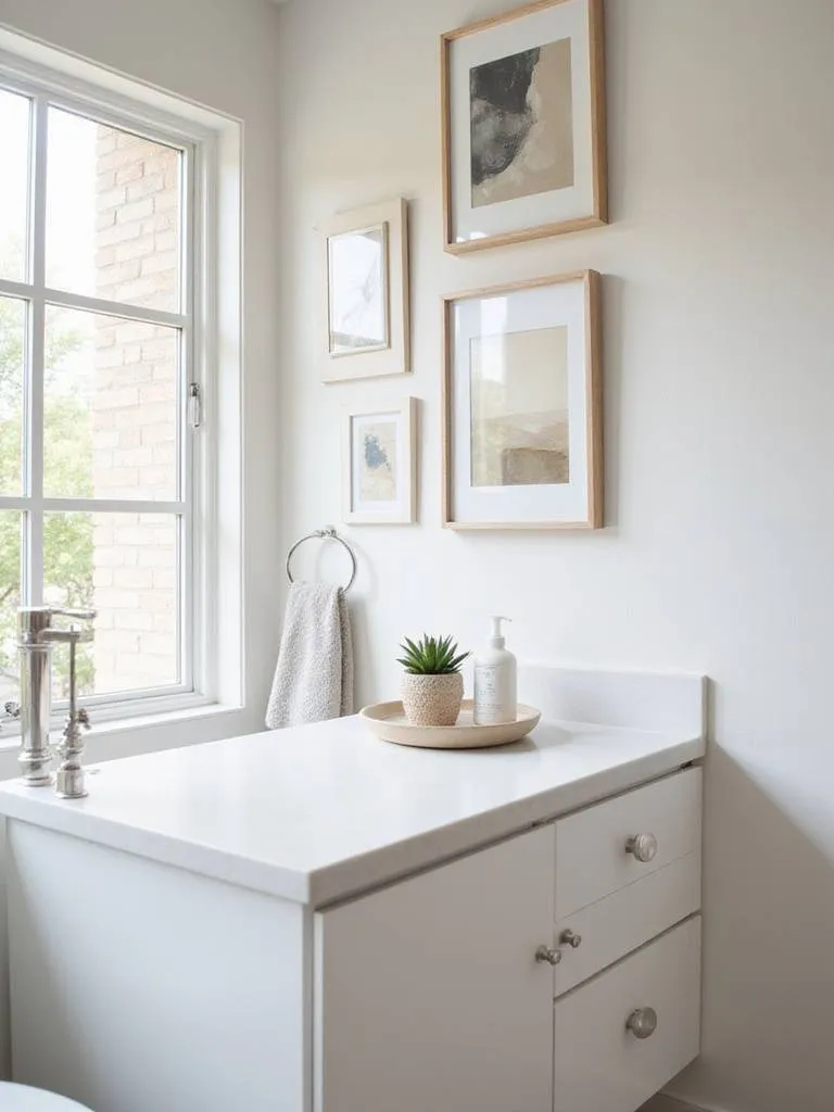 Modern bathroom featuring abstract art gallery wall and decorative accessories.