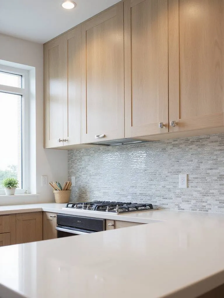 Modern kitchen with textured geometric tile backsplash in gray and white