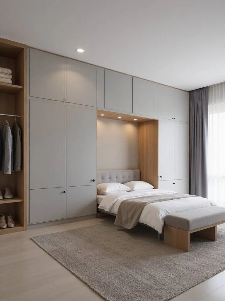 Modern bedroom with seamless integration of bed and built-in wardrobes for a clean, minimalist look.