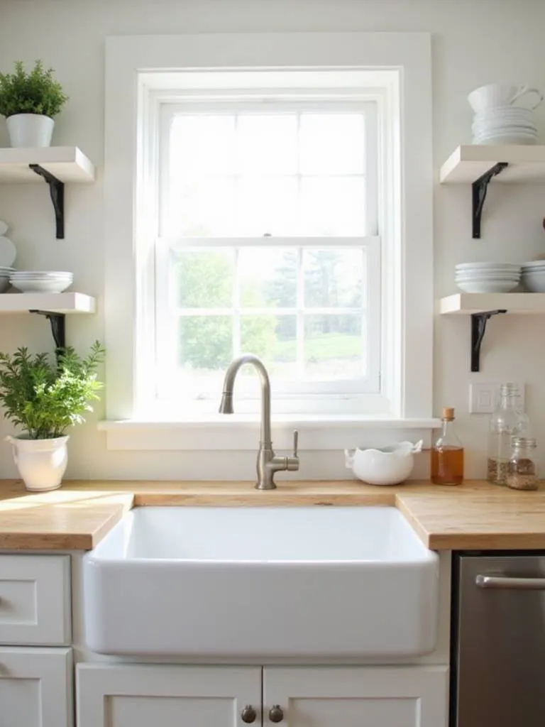 White fireclay farmhouse sink with brushed nickel bridge faucet in a modern farmhouse kitchen.