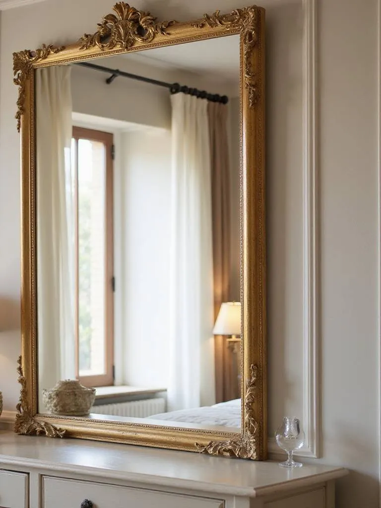 Bedroom interior with a decorative gold-framed mirror above a dresser.