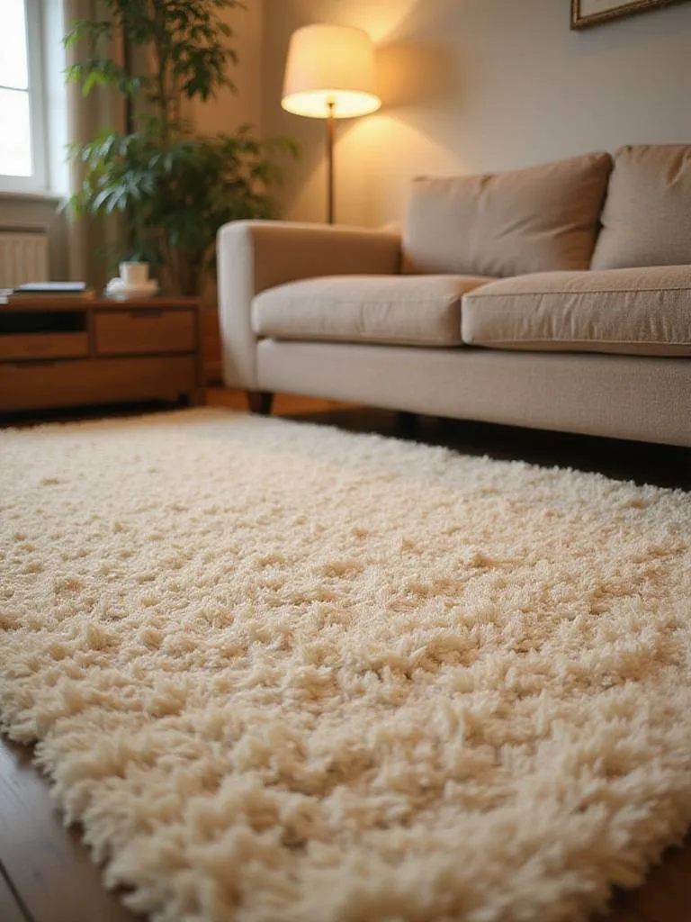 Cozy living room with a plush cream-colored shag rug, creating a warm and inviting atmosphere.
