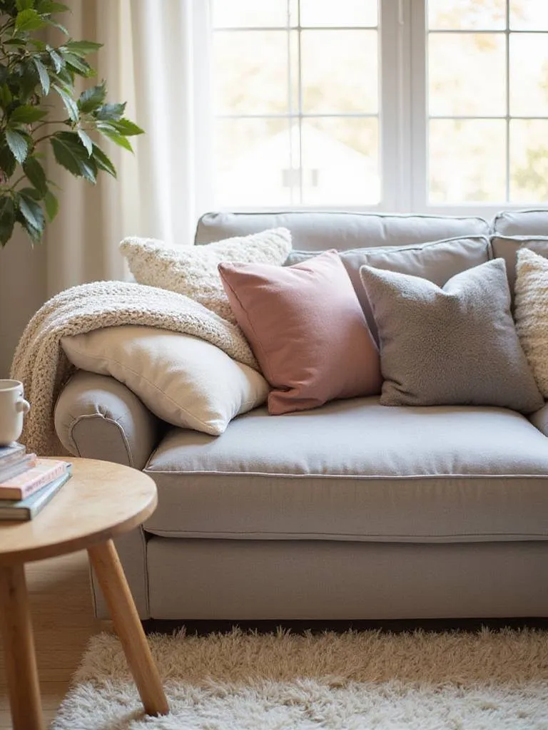Cozy living room featuring a deep, sink-in velvet sofa with throw pillows and a soft blanket.