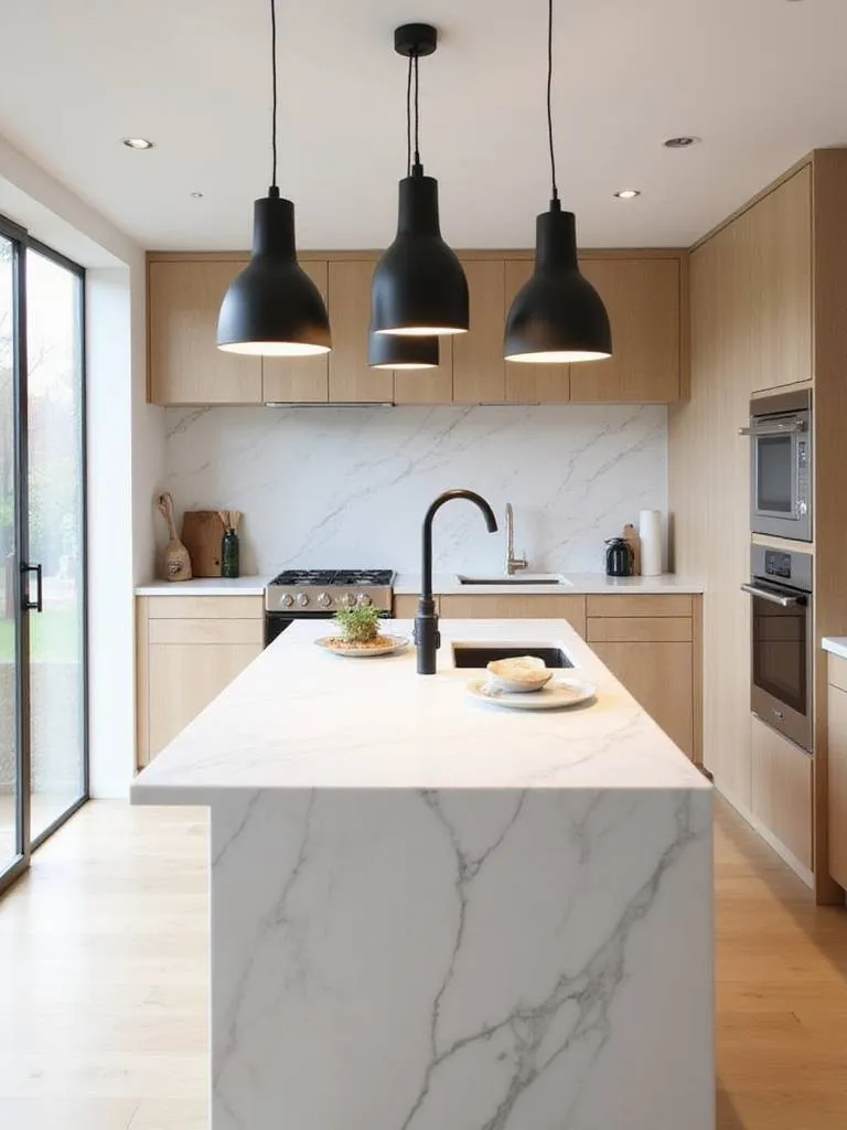 Modern kitchen with white marble island illuminated by three matte black pendant lights