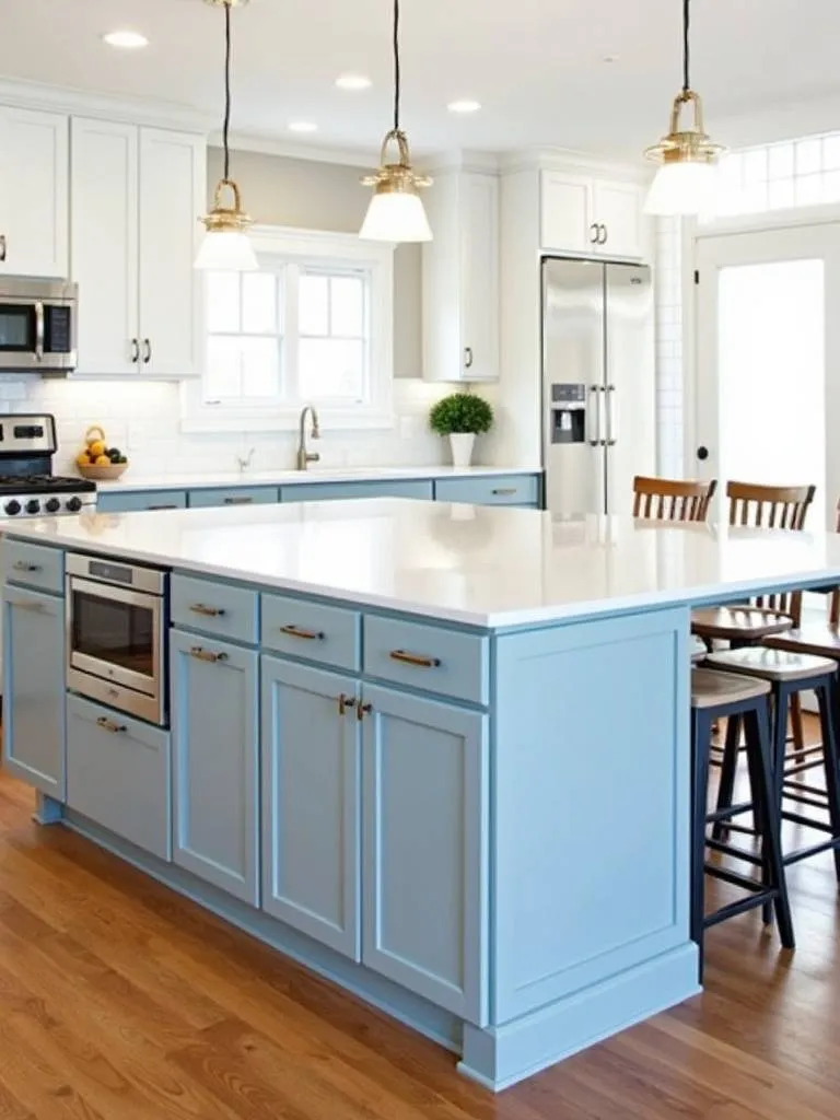 Modern kitchen island with blue cabinets, white quartz countertop, and seating.