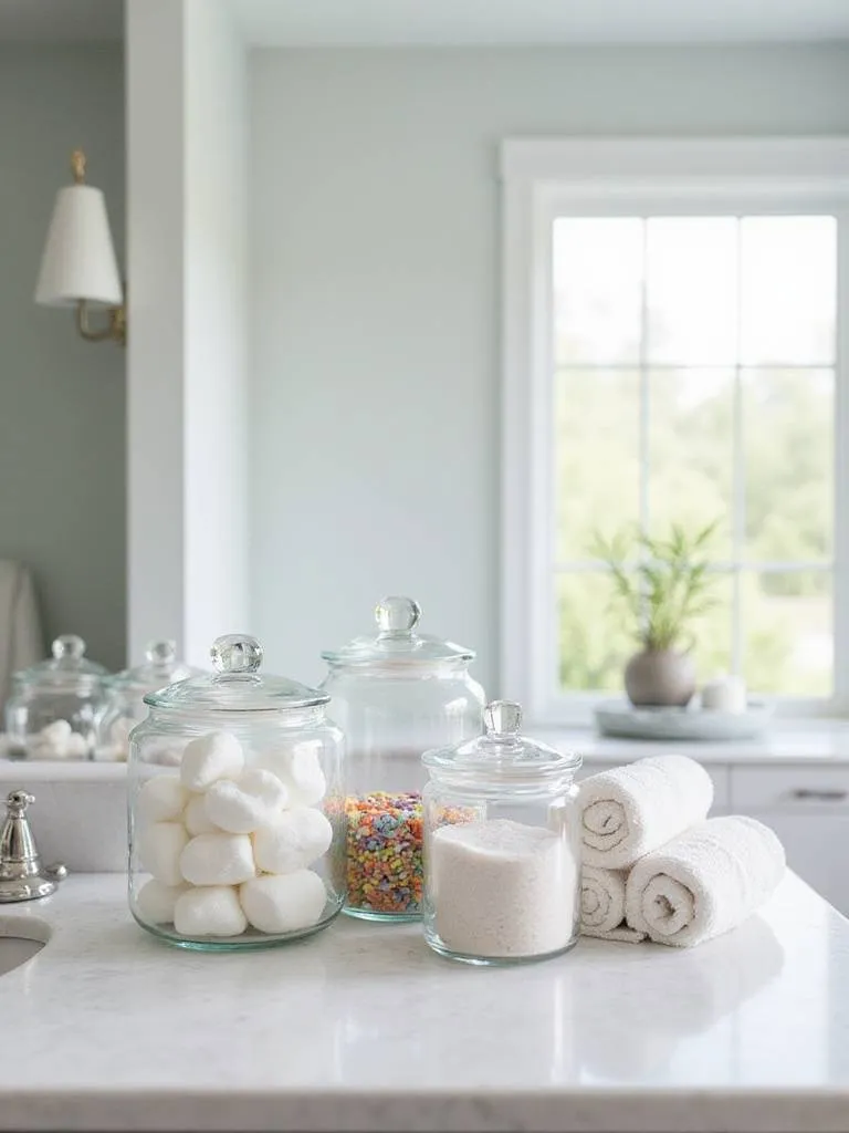 Glass jars and canisters on a bathroom countertop holding cotton balls, bath salts, and hand towels.