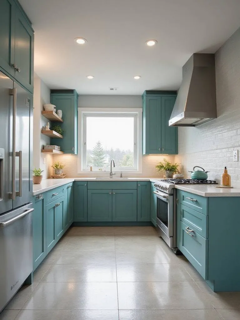 Teal kitchen cabinets with light countertops and stainless steel appliances.