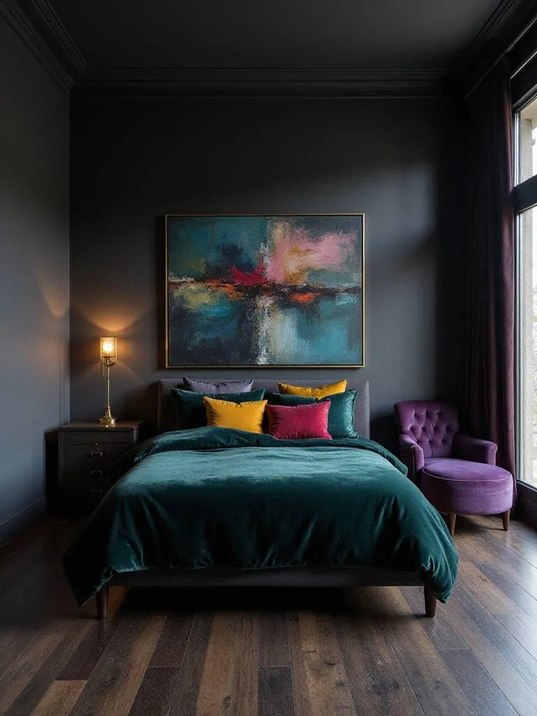 Black bedroom with emerald green, sapphire blue, ruby red, and citrine yellow jewel-toned accents.