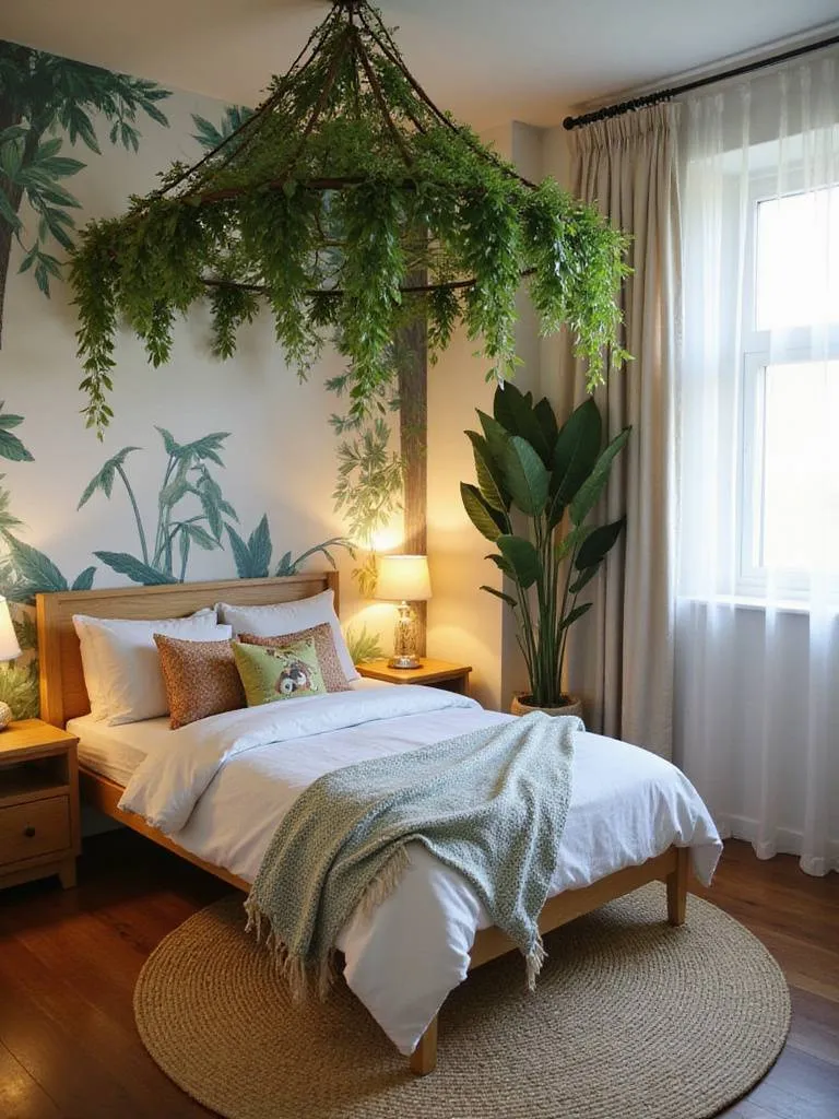 Jungle-themed kid's bedroom with vine canopy and animal accents.