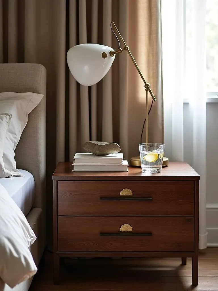 Luxury walnut bedside table with drawers, sculptural lamp, and linen bedding in a serene bedroom setting.