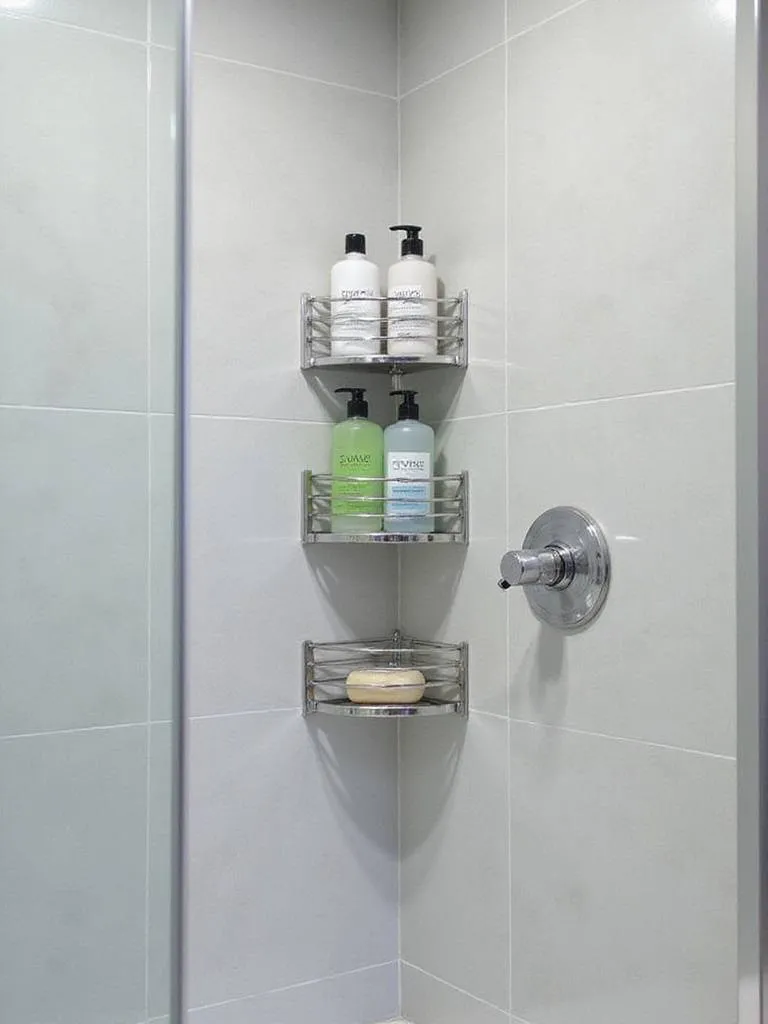 Stainless steel corner shower caddy with multiple tiers holding shower essentials in a modern bathroom shower.