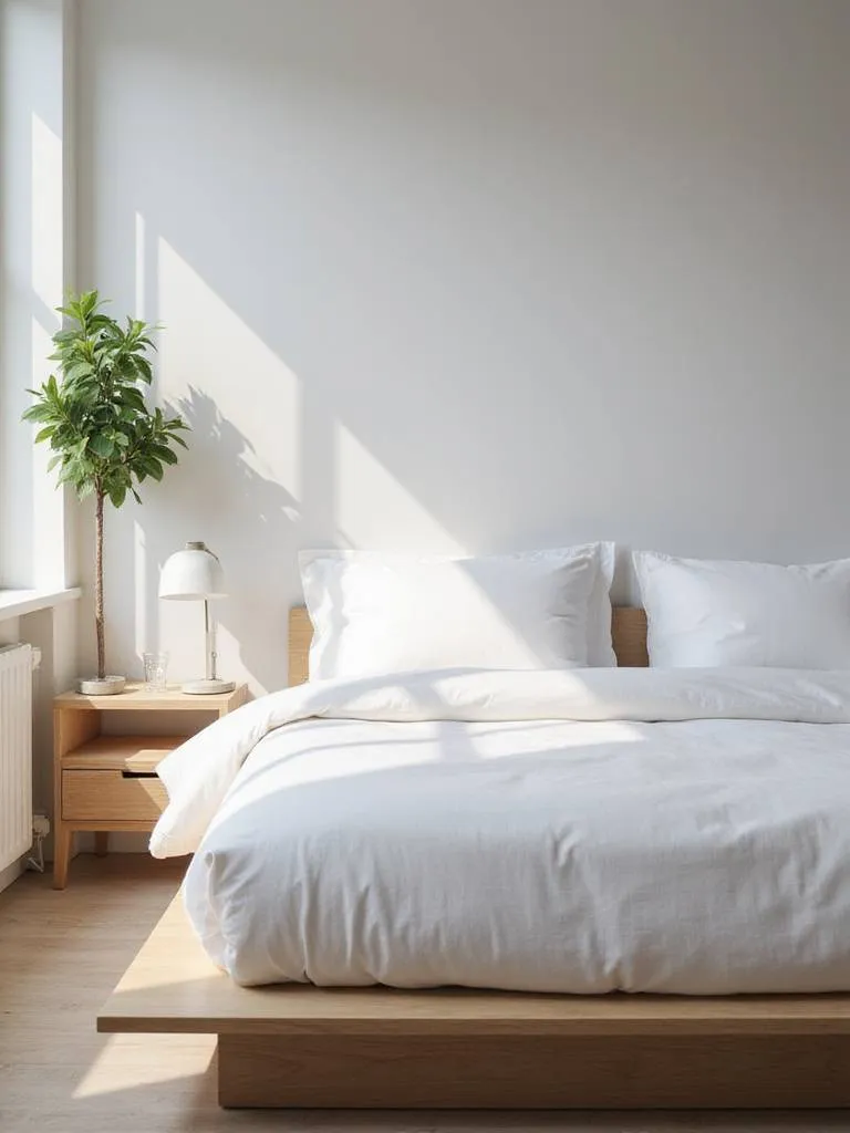 Minimalist bedroom with sleek light wood bedside table.