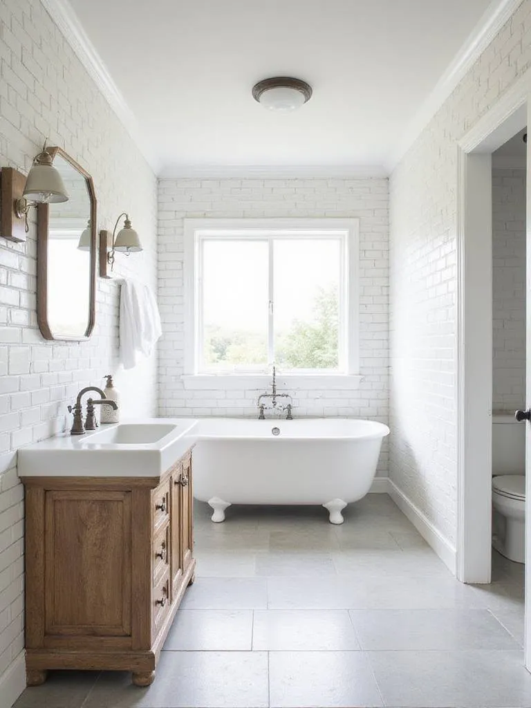 Farmhouse bathroom featuring white subway tile walls, rustic wood vanity, and freestanding tub.