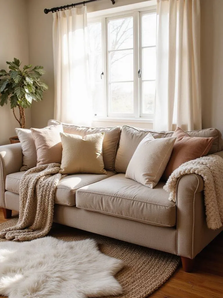 Cozy living room with layered textiles including throw pillows, blankets, and rugs.