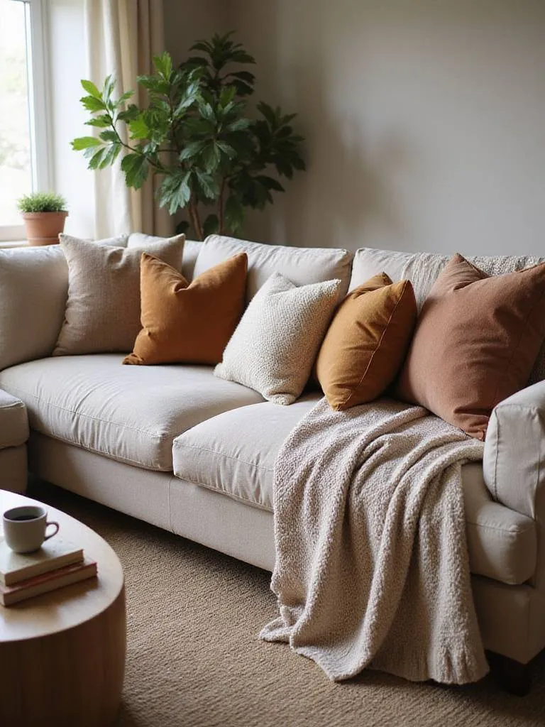 Cozy living room with layered throw pillows on a comfortable sofa