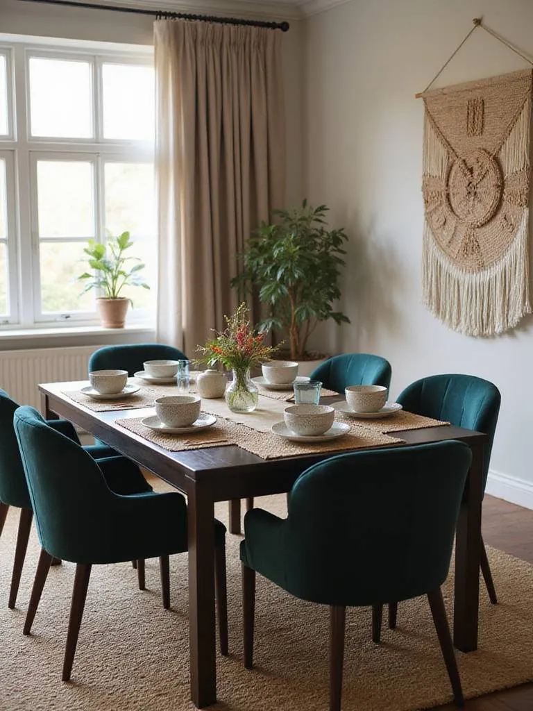 Dining room with layered textures including velvet chairs, jute rug, linen placemats, and a woven wall hanging.