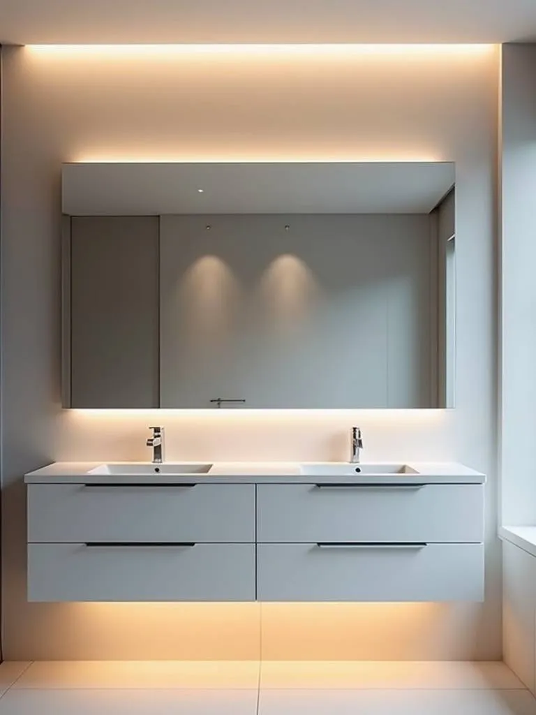 Modern bathroom featuring layered lighting: LED light bar over mirror, recessed ceiling lights for ambient light, and under-vanity accent lighting.