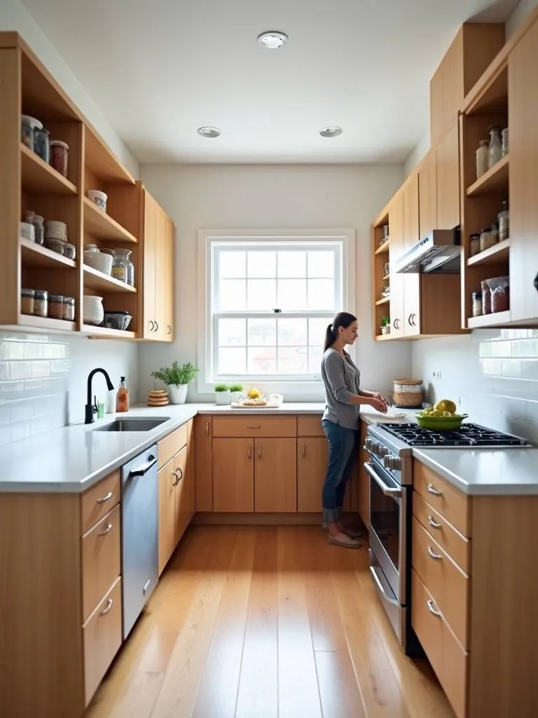 Optimized kitchen cabinet layout with efficient work triangle and organized storage solutions.