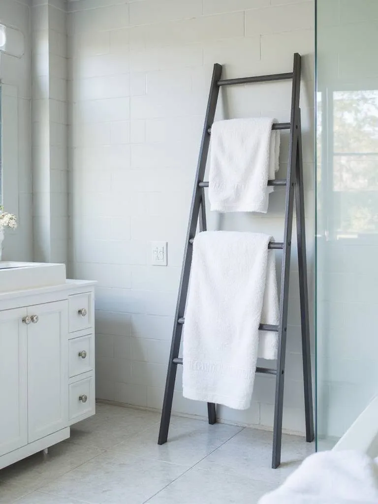 Modern bathroom with a sleek black towel ladder holding fluffy white towels, maximizing space and style.
