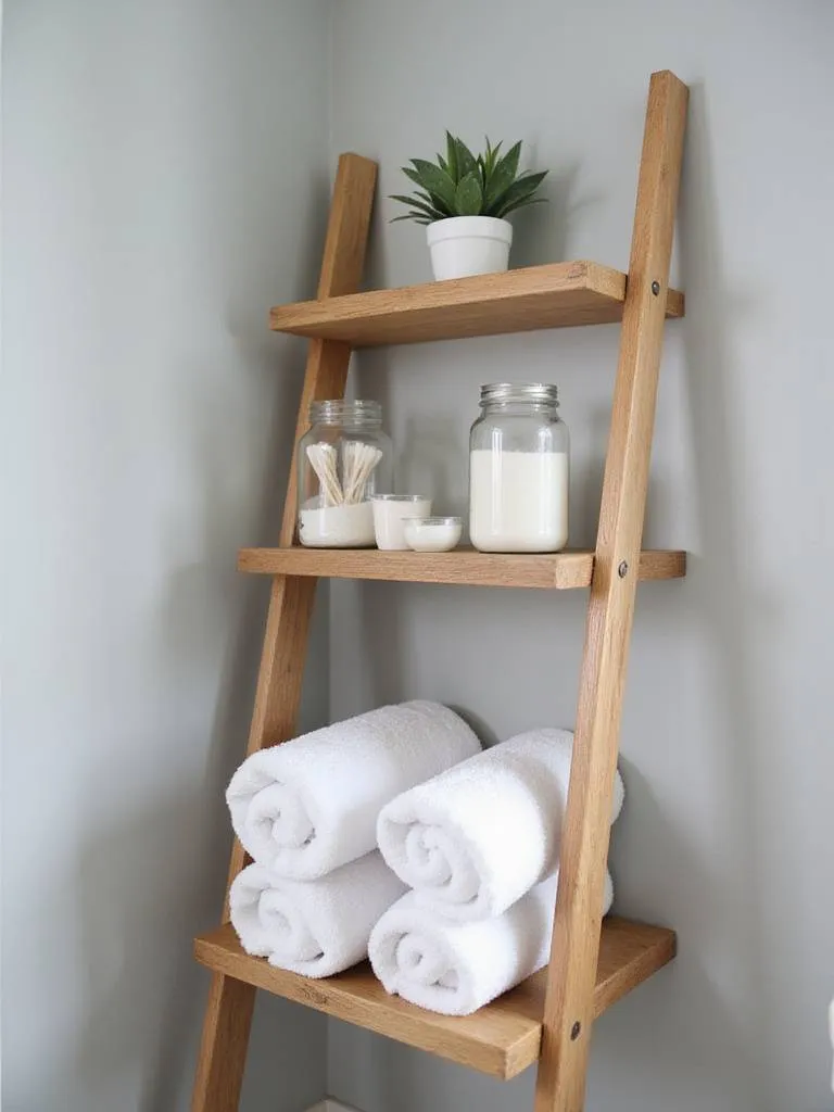 Small bathroom with wooden ladder shelf displaying towels and toiletries