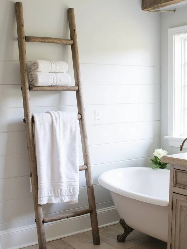 Farmhouse bathroom with wooden ladder towel rack holding white towels