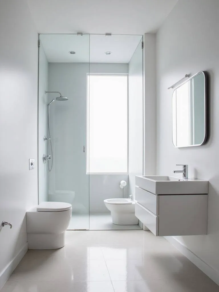 Serene minimalist bathroom design in a small space, featuring white walls, floating vanity, and frameless shower.