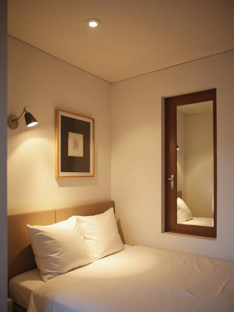 Small bedroom interior with layered lighting to maximize space and create a bright, inviting atmosphere.