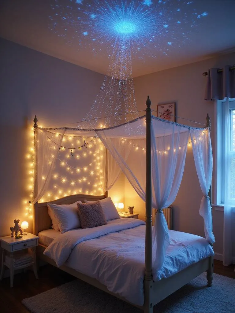Magical kids bedroom with star projector, fairy lights, and animal nightlight creating a dreamy atmosphere.
