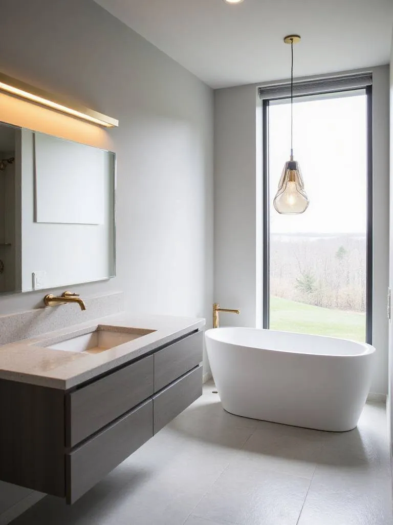 Modern bathroom with bold lighting fixtures: gold LED vanity light and sculptural pendant light above the bathtub