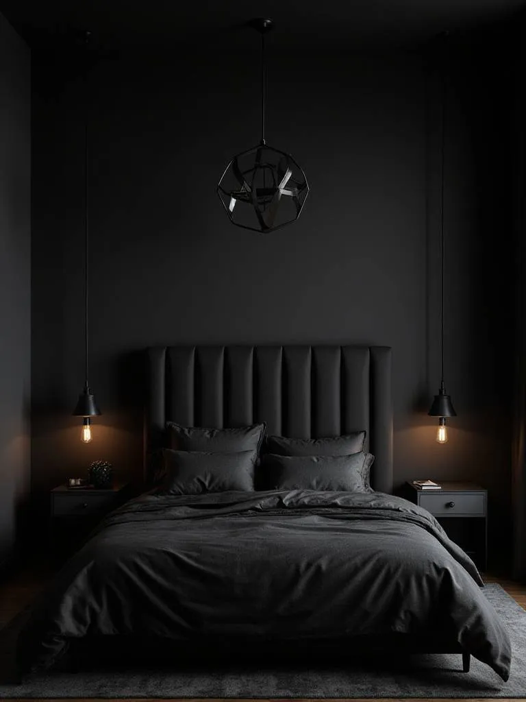 Black bedroom with modern black lighting fixtures, including sconces and a pendant light.