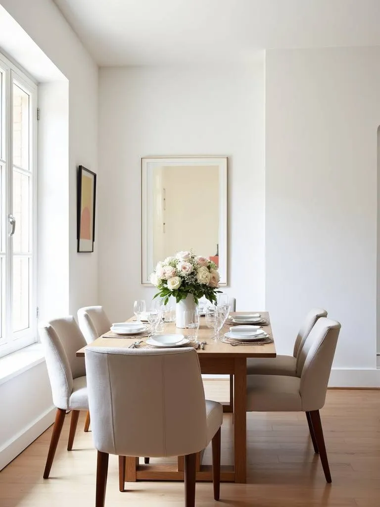 Bright and airy dining room with crisp white walls, maximizing space and light.