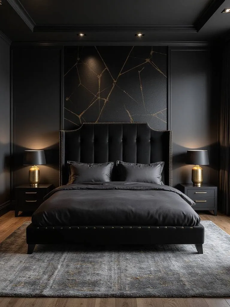 Black bedroom with gold accents, featuring a velvet headboard and gold hardware.