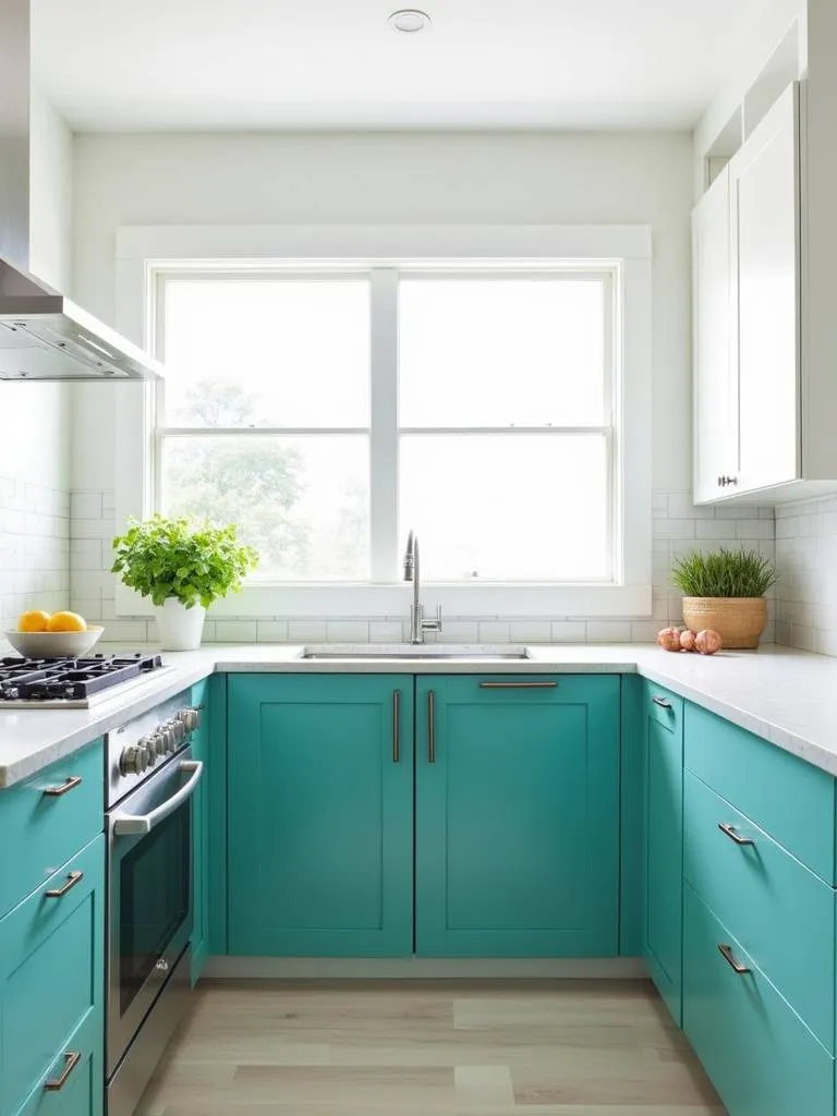 Teal kitchen cabinets with white countertops and subway tile backsplash