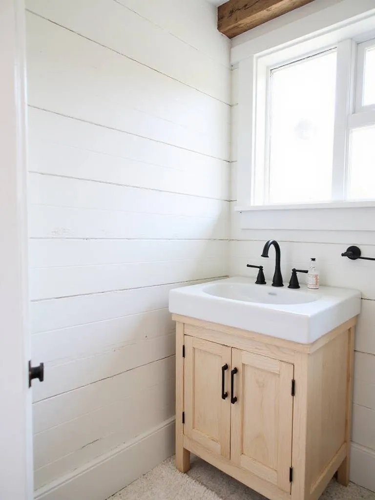 Farmhouse bathroom with white shiplap and matte black hardware on vanity