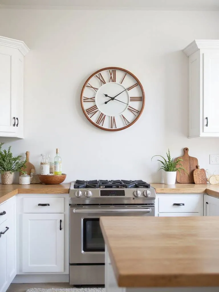 Modern kitchen with a large copper-framed clock serving as a focal point on the wall.