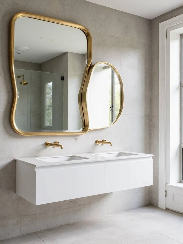 Modern bathroom with a large asymmetrical brass-framed mirror above a floating vanity.