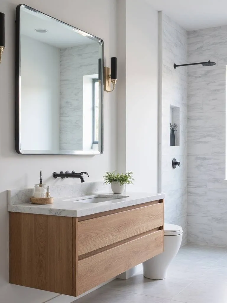 Modern bathroom with marble vanity and shower