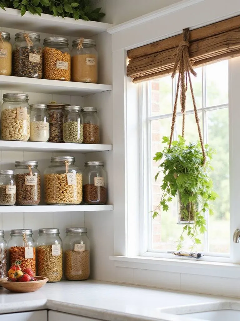 Farmhouse kitchen open shelving organized with mason jars filled with pantry staples and spices.