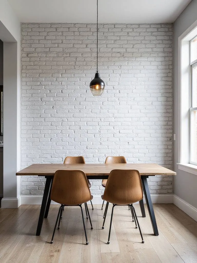 Modern farmhouse dining room with light grey brick effect wallpaper accent wall