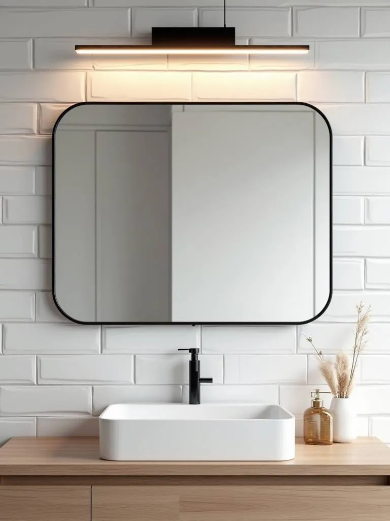 Matte black linear LED bathroom light fixture above mirror