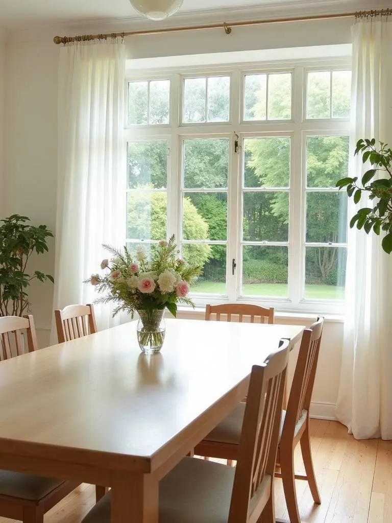 Bright and airy dining room with natural light and light-colored furniture.