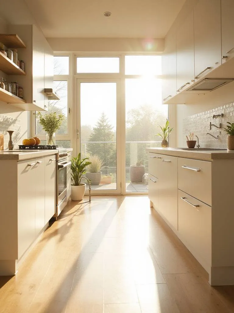 Bright modern kitchen with abundant natural sunlight streaming through windows