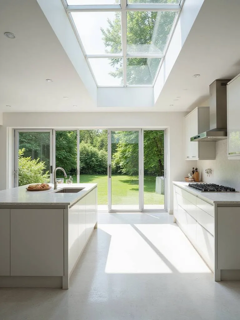 Modern kitchen with expansive windows and skylight, maximizing natural light