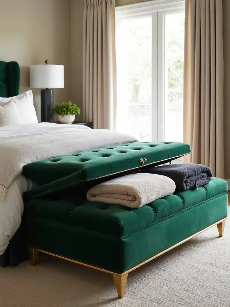 Luxury bedroom with emerald green velvet ottoman bench providing seating and hidden storage.