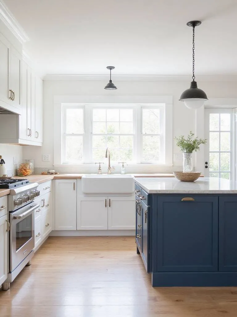 Farmhouse kitchen with white cabinets and a navy blue kitchen island