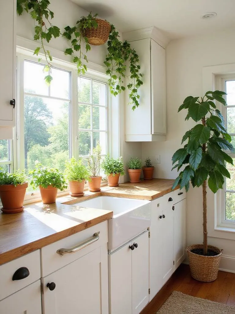 Farmhouse kitchen with herb garden and various plants creating a natural and inviting atmosphere.
