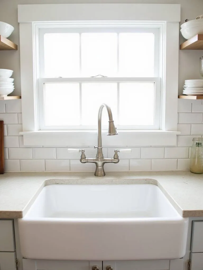 Farmhouse kitchen with white apron-front sink and brushed nickel gooseneck faucet