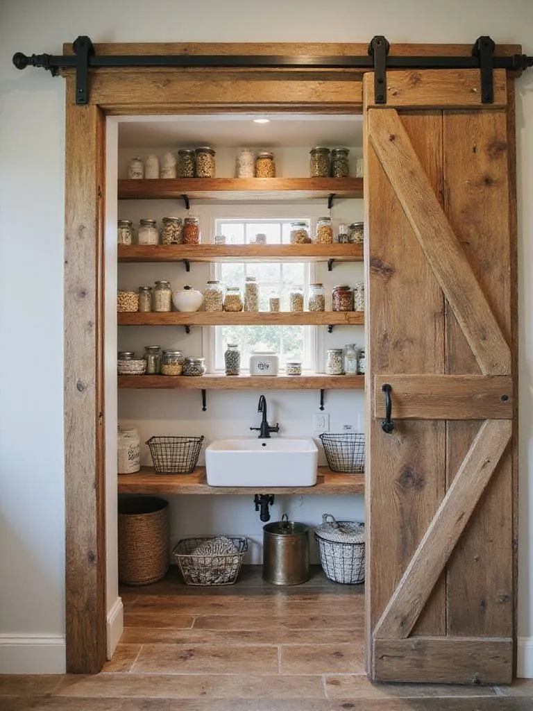 Farmhouse walk-in pantry with reclaimed wood shelving and organized storage.