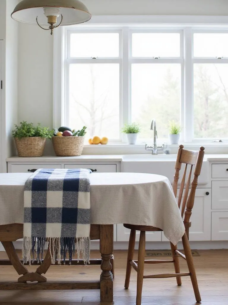 Farmhouse kitchen with linen tablecloth, plaid throw blanket, and natural light